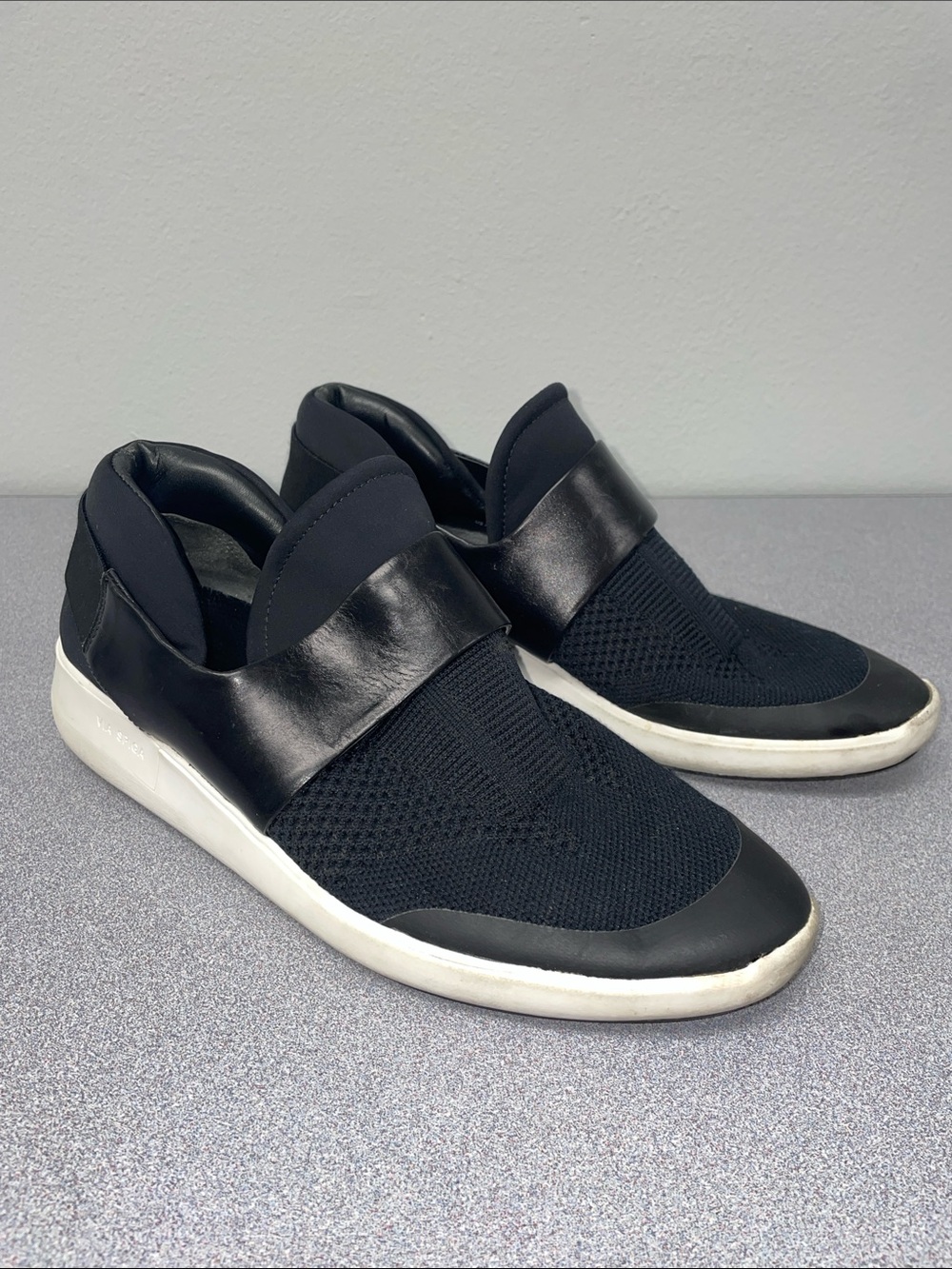 Via Spiga Black Knit Slip-On Sneakers with White Sole 7.5